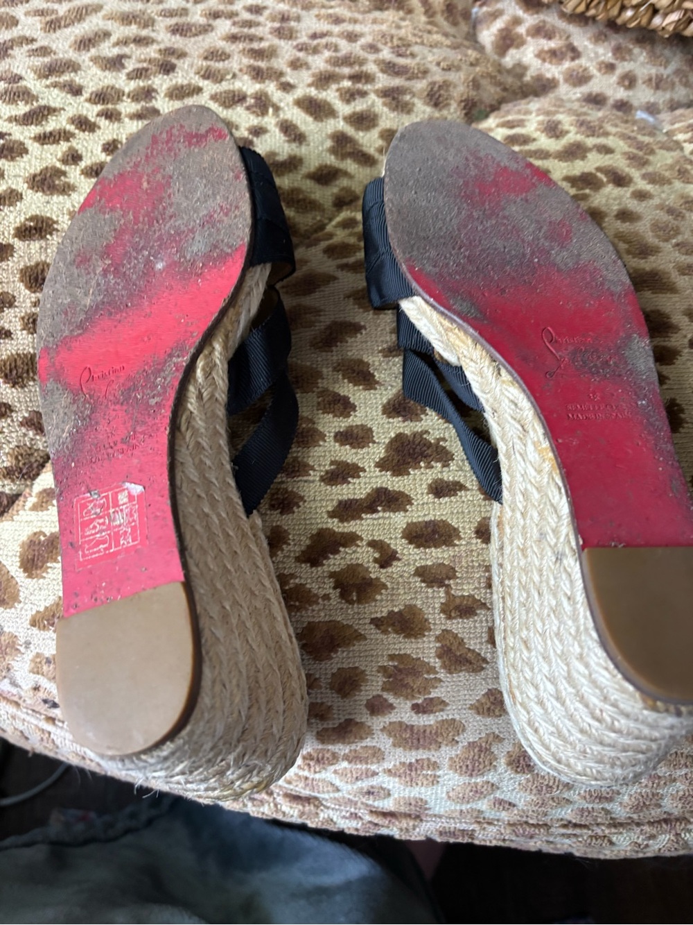 Christian Louboutin Black Ribbon Espadrille Wedge Slides with Red Insole - Picture 5 of 5